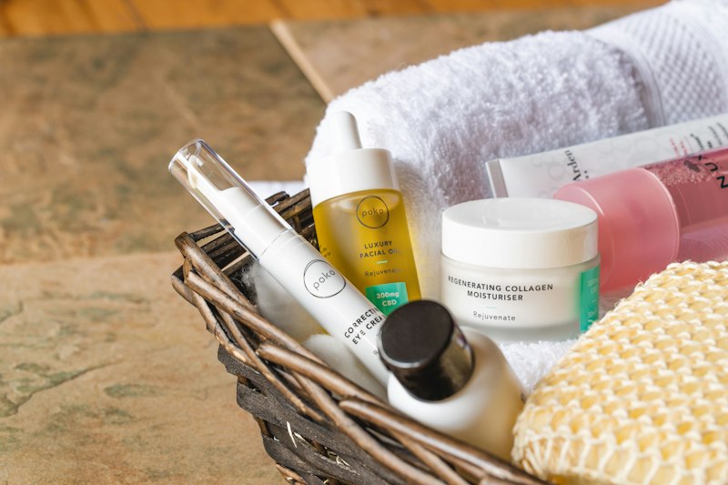 Skincare products arranged on a shelf